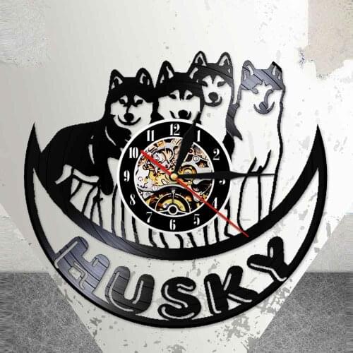 Husky Wall Clock Made Of Real Vinyl Record Arctic Sled Dog Cut Out Longplay Led Light Wall Watch Saat Glow in Dark