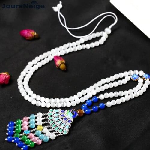 Wholesale White Cat Eye Natural Crystal Necklace Roasted Colorful Peacock Pendant for Women Sweater Chain Necklace Jewelry