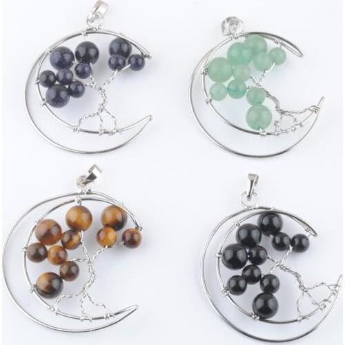 Wholesale Mixed 7Pcs/Lot Crooked Moon Pendants Silvers Wire Wrap Tree of Life Round Stone Beads Jewelry Dangle Charms QBN453