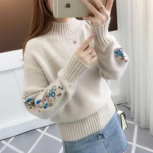 WEIHAOBANG 2021 Autumn Winter New Womens Round Neck Pullover Solid Color Sweater Embroidered Long Sleeve Loose Sweater