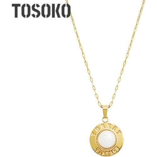 TOSOKO Stainless Steel Jewelry Shell Letter English Round Card Necklace Female Clavicle Neck Chain Hip-Hop Necklace BSP753