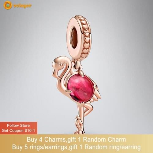 Volayer 925 Sterling Silver Beads Pink Murano Glass Flamingo Dangle Charm fit Original Pandora Bracelets Women Jewelry Making