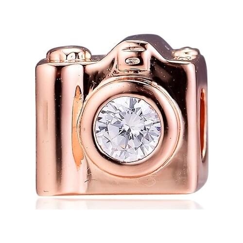 Clear CZ Love Camera Crystal Beads for Charms Bracelets Women Rose Golden Jewelry DIY Travel Trip Charm Beads for Jewelry Making