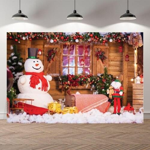 Seekpro Photography Background Happy Birthday Merry Christmas Wood Cottage Snowman Trees Backdrop Photo Background Photocall