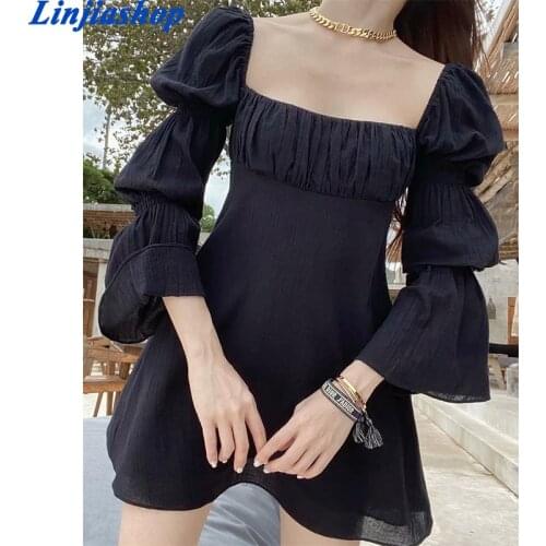 Sexy Backless Flare Sleeve Dress New Fashion Women Solid Color A-line Super-Short Dress Summer Robe