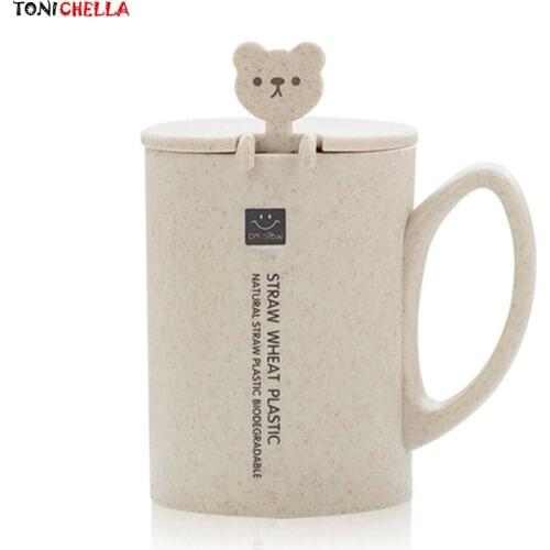 Wheat Straw Water Cups Infant Training Drinking Bottles Baby Learn To Drink Cup With Cute Cat Spoon Mugs Children Gift T2512