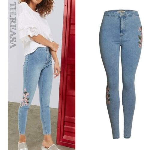 Women open Jeans new spring fashion embroidery slim jeans womens high waist show thin lifting hip small leg pants