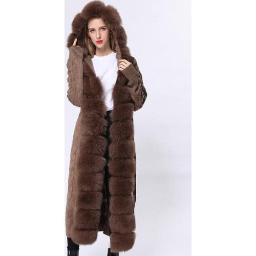 Janefur Fur Cardigan Women Natural Fur Jacket Winter 120-125cm Length Wool Coat Knitted Long Sweater With Real Fox Fur Hood