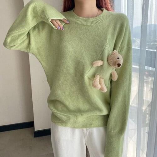 Korean Harajuku Cute Knitted Sweater Women 2020 Autumn New Long Sleeve Solid Knitted Top Female Kawaii Bear Sweater Knitted Cute