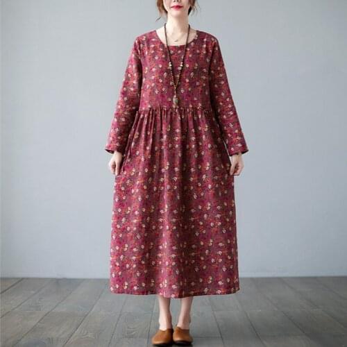 2021 New Arrival Fashion Print Floral Autumn Dress Cotton Linen Draw String Office Lady Work Dress Women Spring Casual Dress