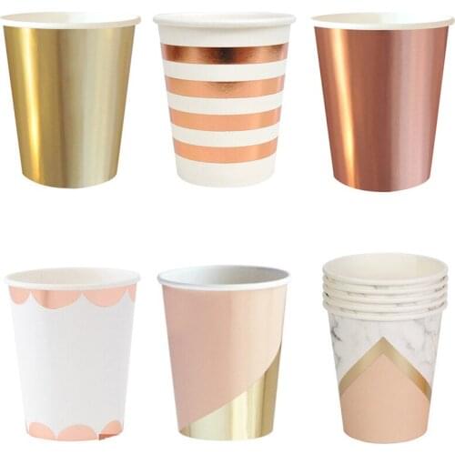 8Pcs New Disposable Paper Cups Rose gold Pink Blue Red Dot Kids Girls Baby Birthday Supplies Party Drinking Cups Wedding Decor