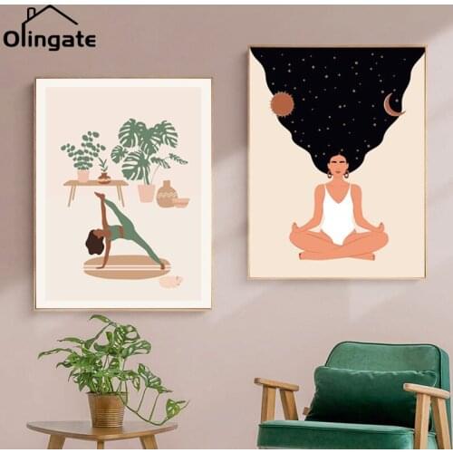 Abstract Magic Woman Yoga Pose Posters Boho Yoga Girl House Plants Prints One Piece Canvas Painting Home Decor for Living Room