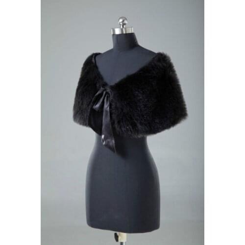 Black Faux Fur Bridal shrug Wedding Cape Coat Shawl Party Ribbon Bow Wrap Stloe Bolero