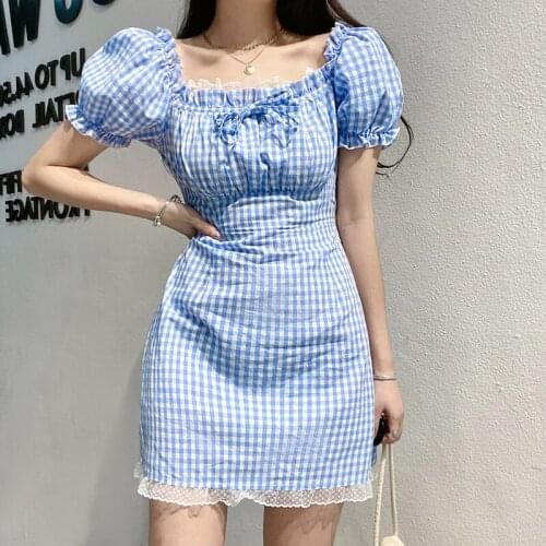 French niche puff sleeve blue and white lattice design dress, small fresh lace stitching, thin dress women clothing