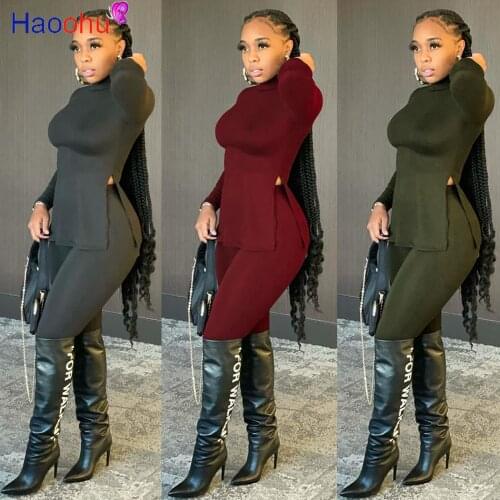 HAOOHU Active Spring Side Split Elastic Sweatsuit Two 2 Piece Set Women Fitness Outfit Sweatshirt + Jogger Pants Set Tracksuit