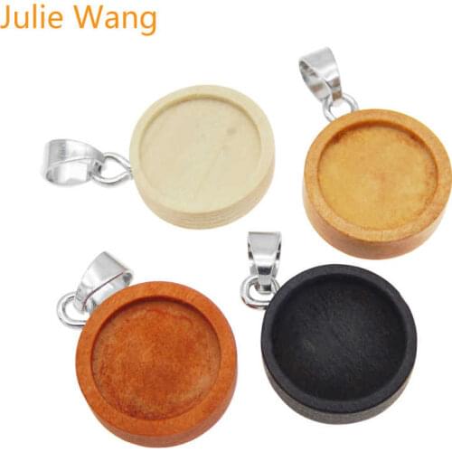 Julie Wang 4PCS Wood Round Cabochon Base Settings With Hooks Charms Blank Bezel Tray Jewelry Making Accessory Inner Size 12mm