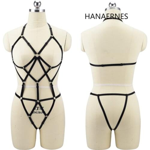 HANAERNES Black tights, openwork garter, gothic suspender bra womens sexy underwear set, elastic adjustment, punk dance costume
