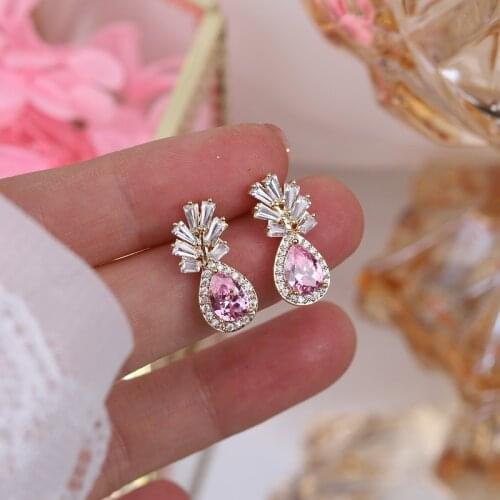 Korea New Design Fashion Jewelry 14K Real Gold Plating AAA Pink Zircon Leaf Earrings Elegant Sweet Womens Wedding Accessories