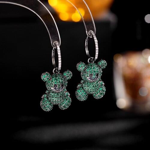 Korean Retro Dangling Bear Hoop Earrings Luxury Green Pink Cubic Zirconia Animal Earring for Women 2021 New Trendy Party Jewelry