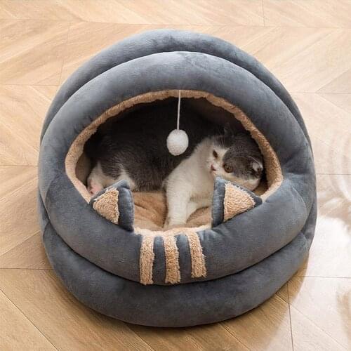 Cat Ear Shaped Cute Pet Supplies Puppy Kitten Fleece Cozy Nest Kennel with Pompom Winter Warm Soft Sleeping Bed Cushion House fo