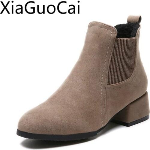 Fur Women Ankle Martin Boots British Style Rough Ladies Chelsea Boots Spring and Autumn High Quality Women Winter Boots