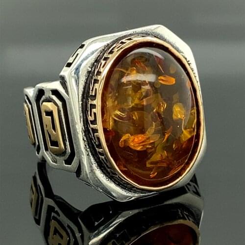 Men Handmade Ring , Honey Amber Stone Ring , Grek Ring , Oval Gemstone Ring , Embroidered Ring , 925k Sterling Silver Ring , Gif