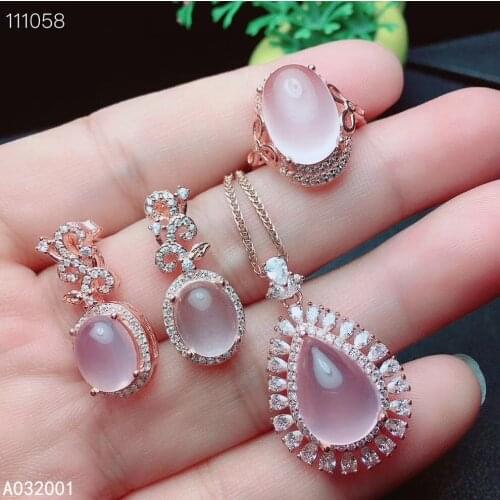 KJJEAXCMY fine jewelry natural Rose Quartz 925 sterling silver women pendant necklace ring earrings set support test fashion