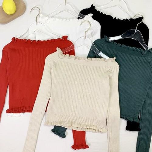 White/ Red Solid off Shoulder Sweater Casual Jumper Spring Autumn Office Long Sleeve Women Sweater Elastic Sexy Pullover Tops