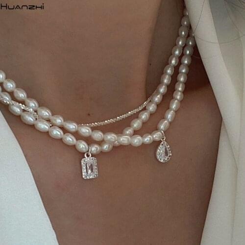 HUANZHI 2020 New 2PC/S Delicate Water Drop Zircon Crystal Pearl Metal Geometric Square Clavicle Chain Necklace for Women Jewelry