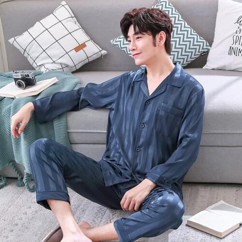 Ice Silk Pajamas For Men Spring Summer Pyjamas Thin Breathable Lounge Set Simple Style Striped Elastic Waist pyjama pour femme