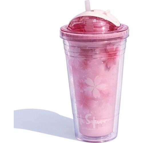 Plastic Cup with Lid Straw Water Bottle Drinking Juice Milk Coffee Mug T84F