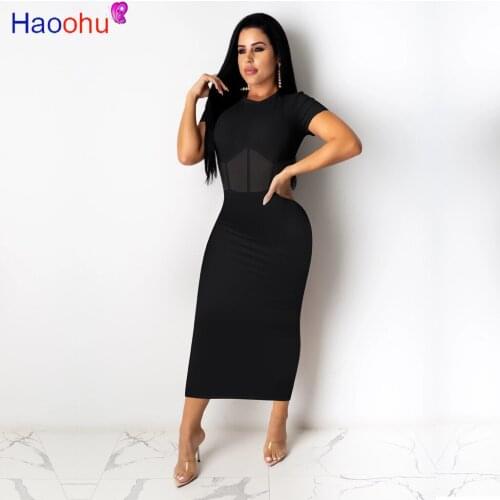 HAOOHU New women sexy mesh patchwork short sleeve high waist bodycon midi maxi dress party beach slim long dresses vestidos