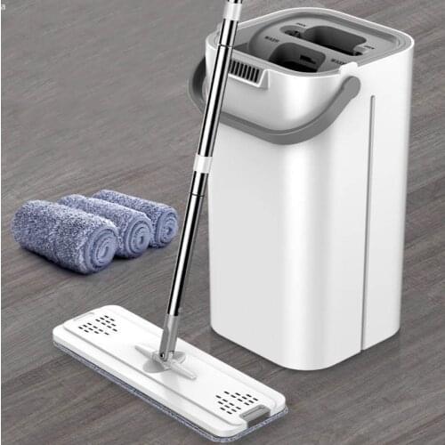 Flat Squeeze Mop with Bucket 360 Rotating Hand Free Washing Floor Cleaning Mop Microfiber Pads Wet Dry Usage Home Office Tools
