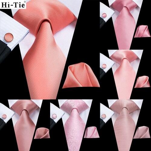 Hi-Tie Peach Pink Coral Solid Silk Wedding Tie For Men Mens Necktie Hanky Cufflink Fashion Design Business Party Dropshipping