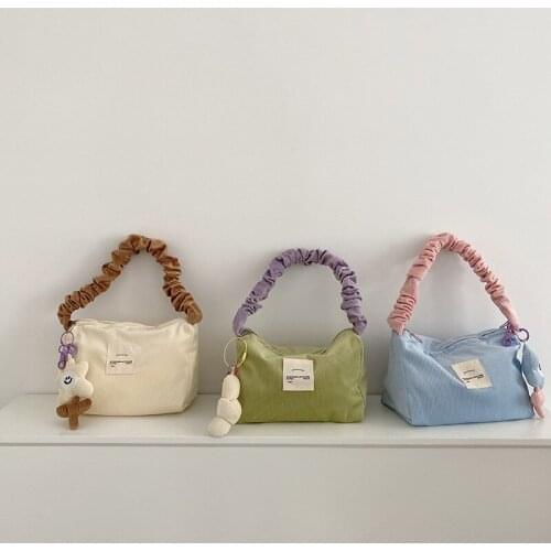 FIRMRANCH Japanese Stylish Cute Contrast Color Macron Smiley Flower Pleated Handle Womans Warm Corduroy Reusable Shoulder Bag