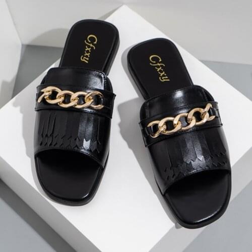 Women Slippers New Style Chain Tassel Upper Flat Female Sandals PU Solid Color Casual Set Foot Flat Heel Slippers Woman Shoes