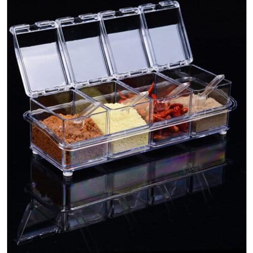 Clear Seasoning Rack Spice Pots - 4 Piece Acrylic Seasoning Box - Storage Container Condiment Jars - Cruet with Cover and Spoon