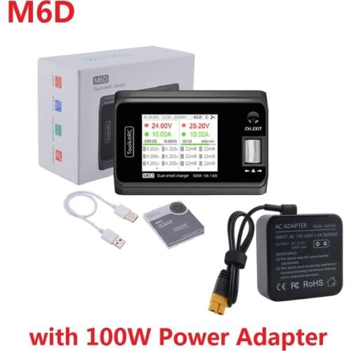 ToolkitRC M6D 15Ax2 Dual-channel Mini Charger Discharger for Output 1-6s Lipo LiHV Lion NiMh Pb battery with 100W Power Adapter