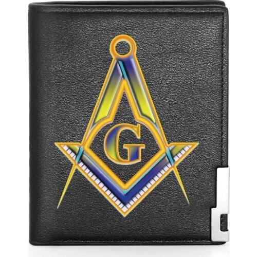 High Quality Luxury Freemasonry Symbols Printing Leather Wallet Credit Card Holder Short Male Slim Purse For Men