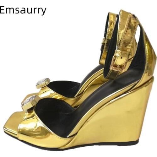 Sexy 2021 Summer Gold Patent Leather Sandals Women Ankle Strap Cover Heels Square Open Toe High Wedges Sandalias Mujer