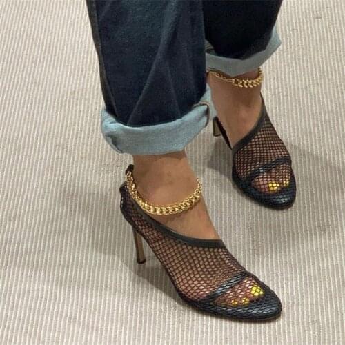 2020 Runway Mesh Women Pumps Chains Ankle Strap Summer Sandals Hollow Out Sexy Ladies Dress Shoes Woman Stiletto High Heels