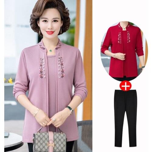 Women knitted Tops 2020 New Autumn Long Sleeve Fake Two Pieces Shirts Large Size Middle Age Female Beading Elegant 2PCS Set 2224