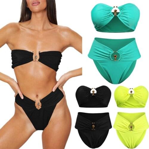 2021 Sexy Metal Rings High Waist Bikini Women Bandeau Swimsuit Female Swimwear Two Pieces Bikini Set Rings Bathing Suit Swim