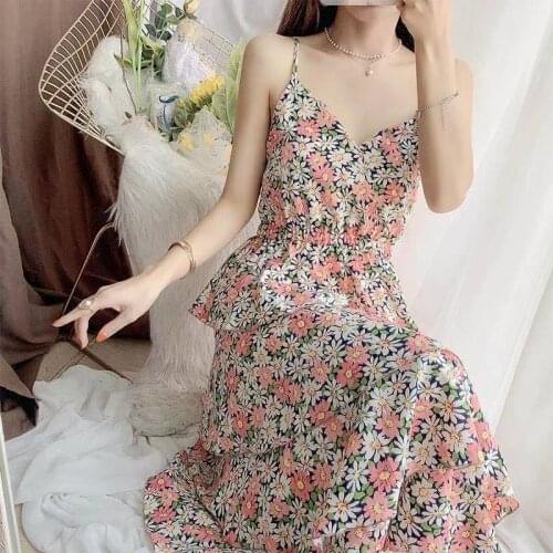 2021 Summer Fashion Chiffon Dresses Sleeveless Strapless Flower Print Slim A-line Floral Dress Casual Beach Vestidos