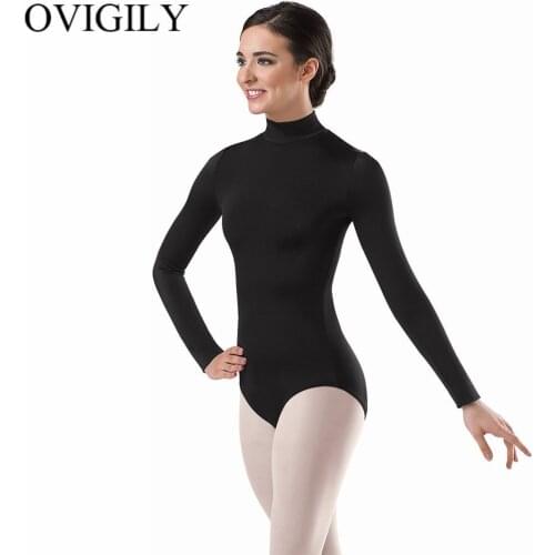 OVIGILY Womens High Neck Dance Leotard Spandex Lycra Long Sleeve Ballet Gymnastics Leotards Girls Turtleneck Black Leotard