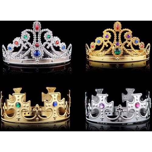 12pcs / lot Queen and King Crown Hairband With Acrylic Stone Golden and Silver Color Plastic Adustable Size For Adult and Kids