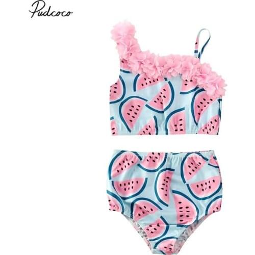 2020 Toddler Kids Baby Girl Swimwear Cute Watermelon 3D Flower One Shoulder Crop Tops Shorts Bathing Suit Swimming Beachwear Set