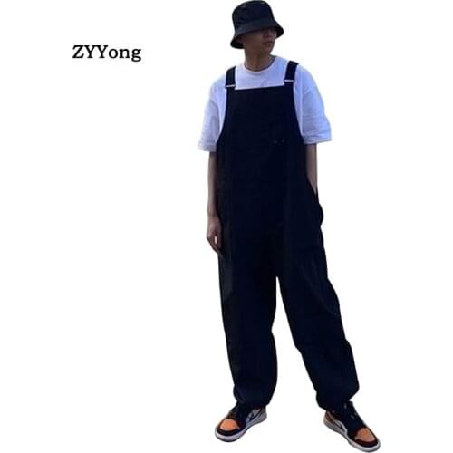 2020 Men Jumpsuit Streetwear Joggers Rompers Solid Baggy Thin Straight Pants Straps Stylish Suspenders Overalls Trousers