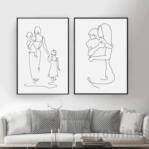 Mother And Daughters Son Art Line Drawing Posters Abstract Minimalist Wall Art Canvas Print Painting Moder Decorative Pictures
