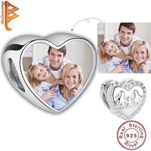 BELAWANG Wholesale 925 Sterling Silver Family Charms Bead Fit Original Bracelet Silver 925 Custom Photo Heart Beads DIY Jewelry